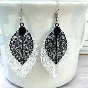 Big Earrings Leaf Earrings Dangle Earrings BOHO DOUBLE LEAF BLACK & WHITE Drop